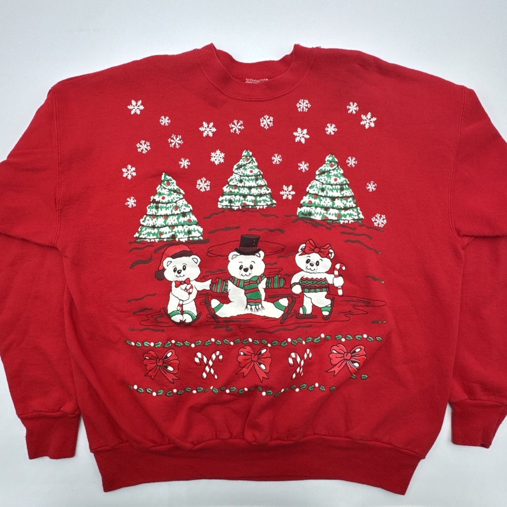 Ugly Christmas Sweater Bears Ice Skating Vintage Crewneck Sweatshirt Red XL